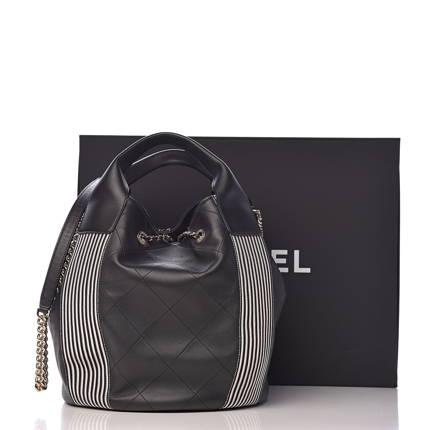 Calfskin Stitched Striped CC Drawstring Bag Black