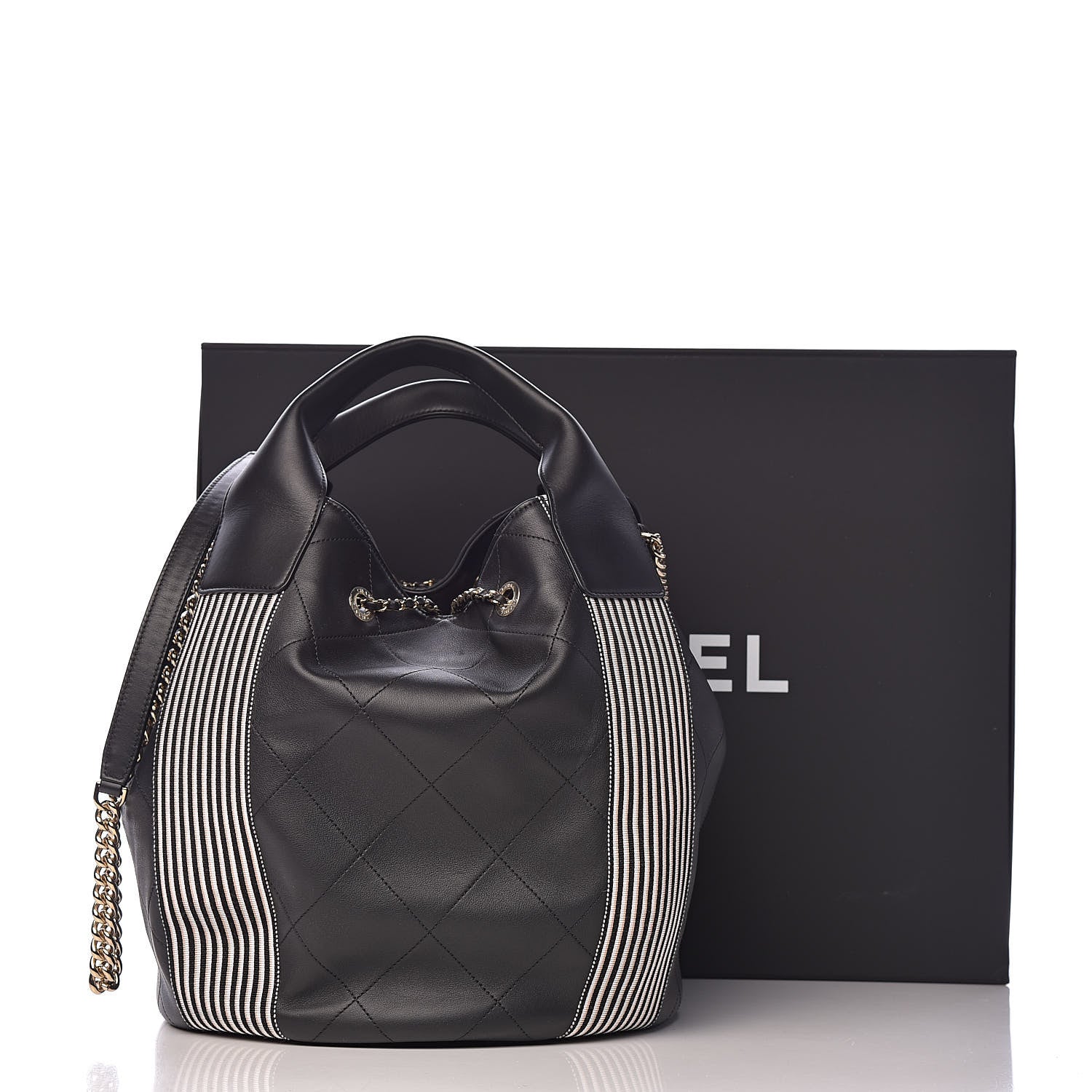 Chanel Calfskin Stitched Striped CC Drawstring Bag Black 11 of 11
