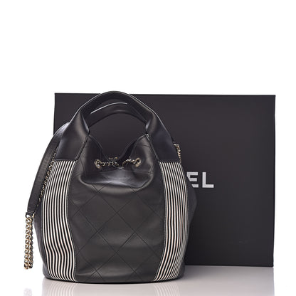 Chanel Calfskin Stitched Striped CC Drawstring Bag Black 11 of 11