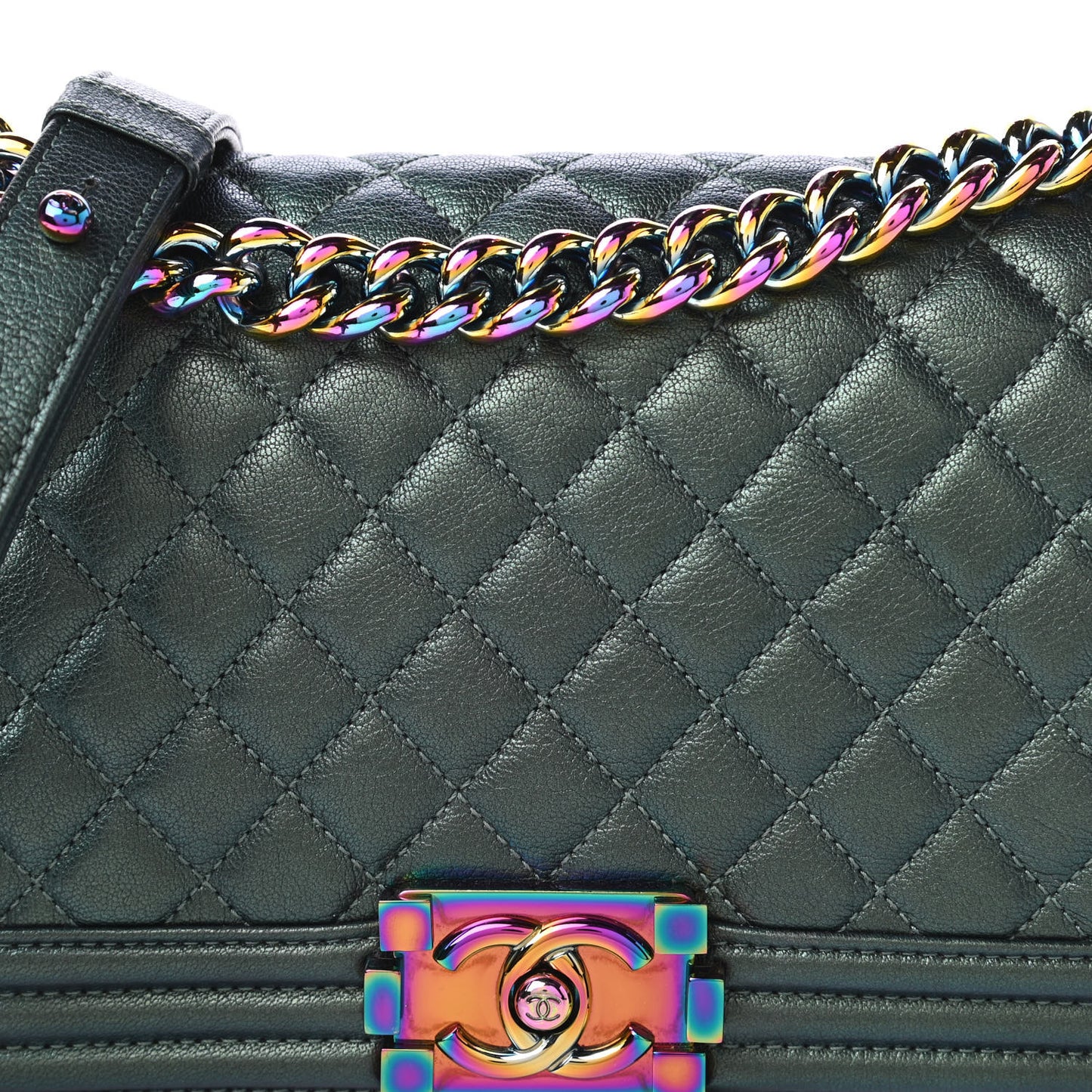 Iridescent Goatskin Quilted Medium Boy Flap Green
