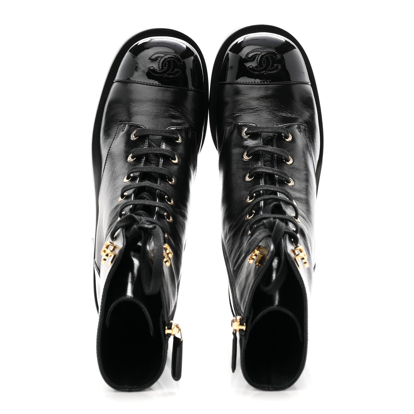 Shiny Calfskin Patent Cap Toe Lace Up Combat Boots 40 Black