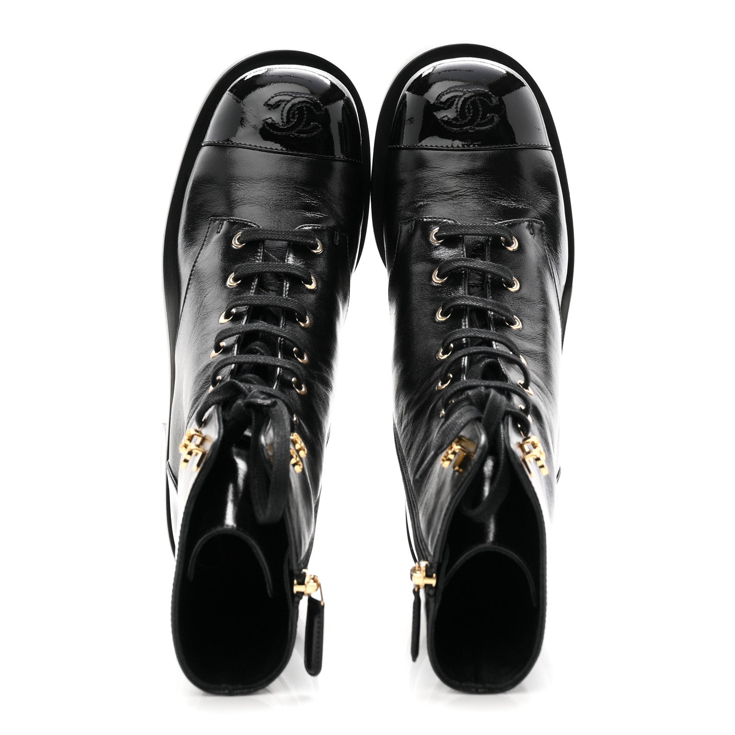 Chanel Shiny Calfskin Patent Cap Toe Lace Up Combat Boots 40 Black 2 of 10