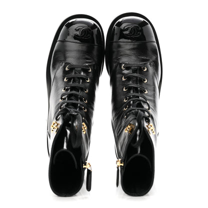 Chanel Shiny Calfskin Patent Cap Toe Lace Up Combat Boots 40 Black 2 of 10
