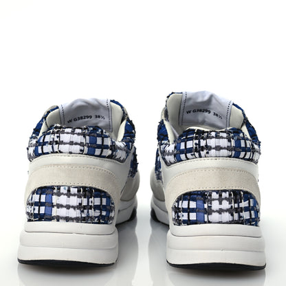 Chanel Tweed Suede Calfskin Womens CC Sneakers 38.5 Dark Blue Black Grey White 5 of 10