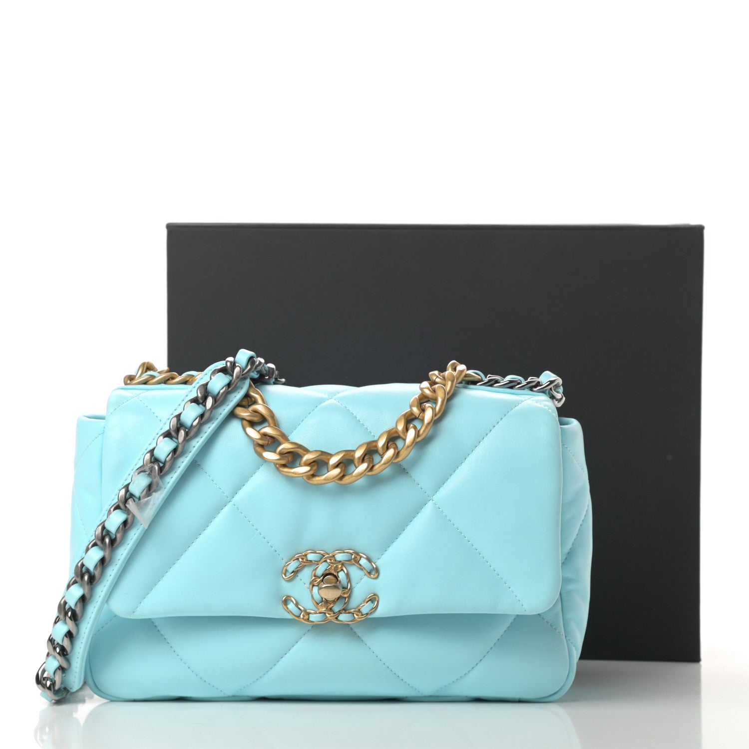 Chanel Shiny Lambskin Quilted Medium Chanel 19 Flap Neon Blue 10 of 10