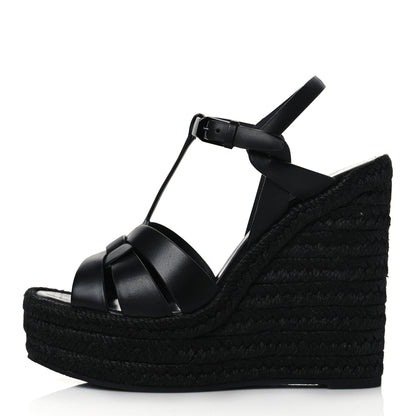 Saint Laurent Calfskin Tribute 95 Platform Espadrille Wedge Sandals 38.5 Black 1 of 8