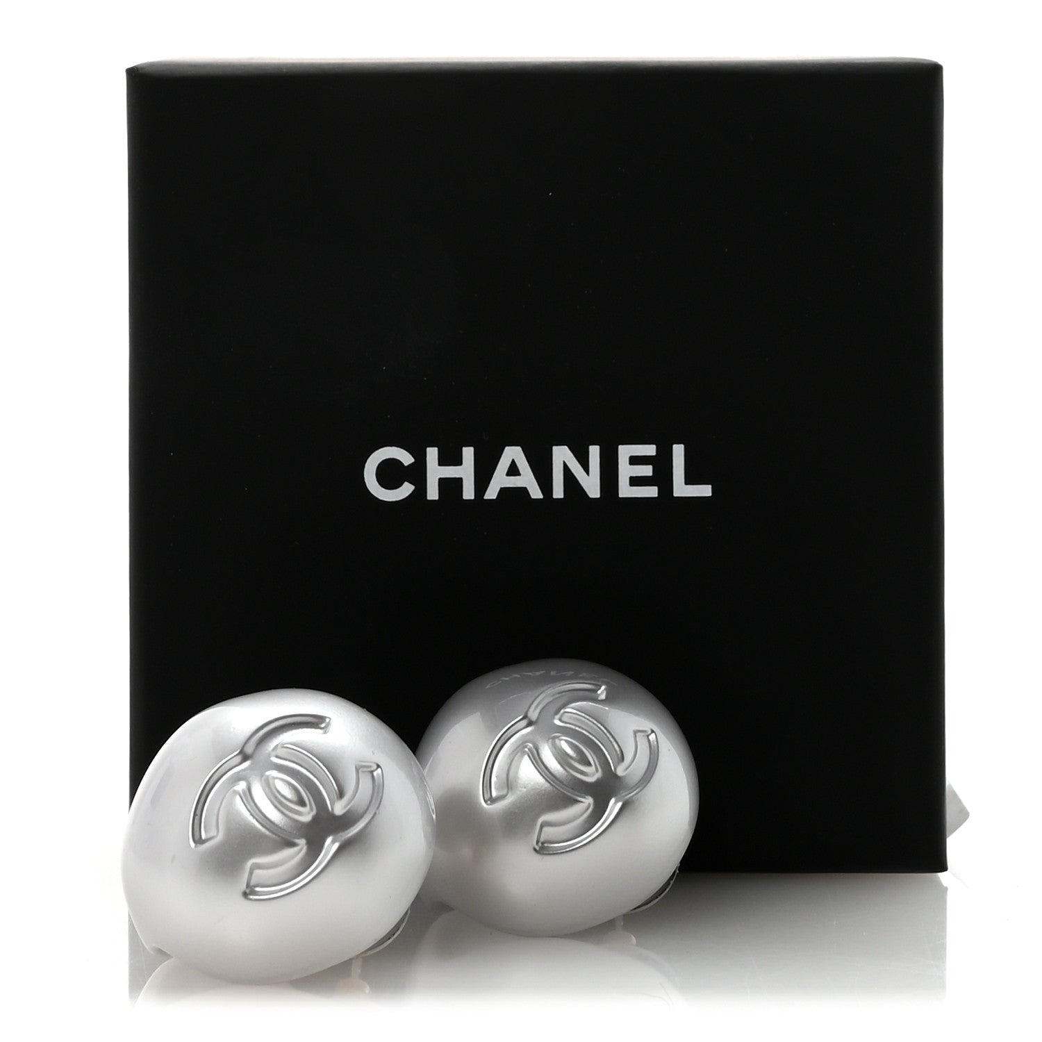 Chanel Resin Metal CC Stud Earrings Silver Pearly White 5 of 5