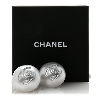 Chanel Resin Metal CC Stud Earrings Silver Pearly White 5 of 5