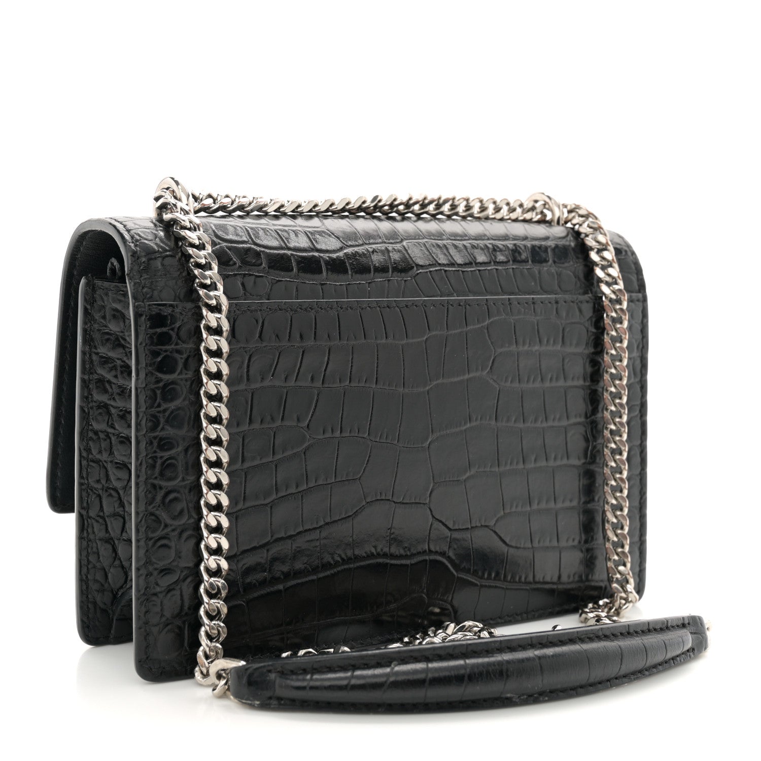 Saint Laurent Calfskin Crocodile Embossed Monogram Sunset Chain Wallet Black 3 of 13