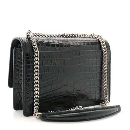 Saint Laurent Calfskin Crocodile Embossed Monogram Sunset Chain Wallet Black 3 of 13