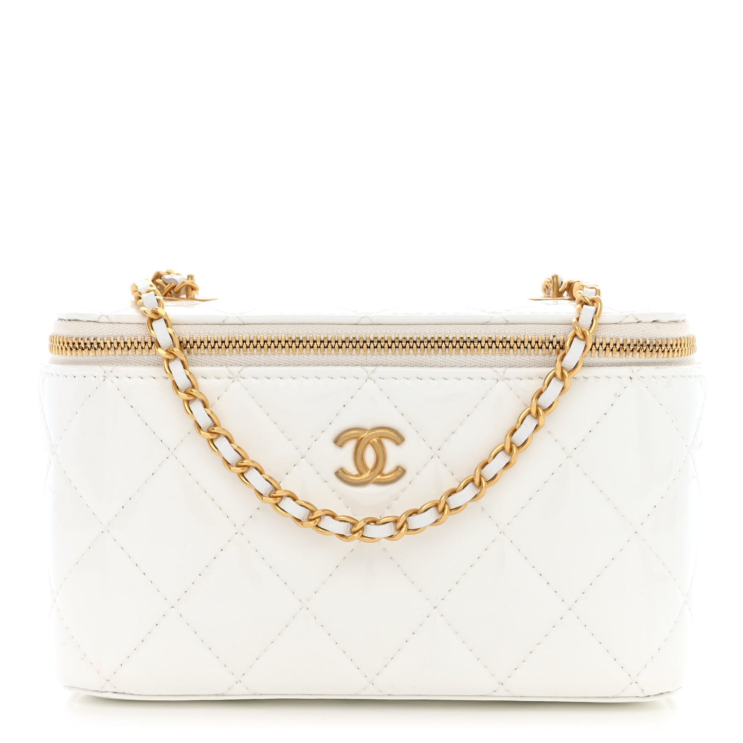 Patent Enamel Quilted Small Coco Hearts Vanity Case With Chain White
