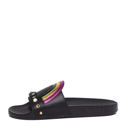 Gucci Calfskin Rainbow Heart Pursuit Slide Sandals 38 Black 1 of 11