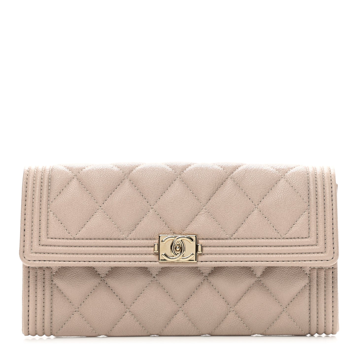Caviar Quilted Large Boy Gusset Flap Wallet Beige