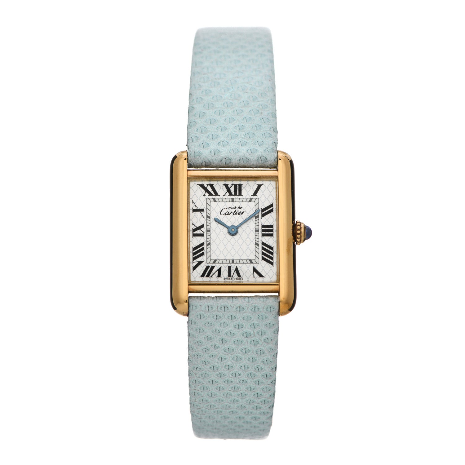 Cartier Sterling Silver Vermeil Lizard 23mm Must de Cartier Tank Quartz Watch Blue 1 of 4