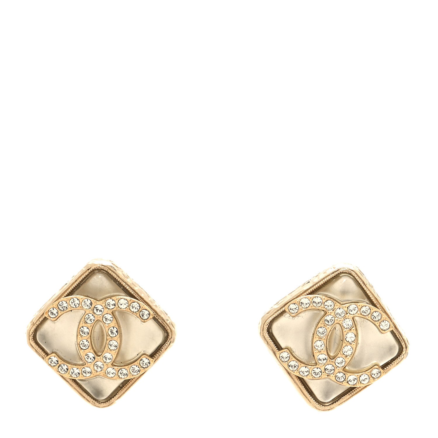 Chanel Pearl Crystal CC Square Earrings Gold 1 of 5