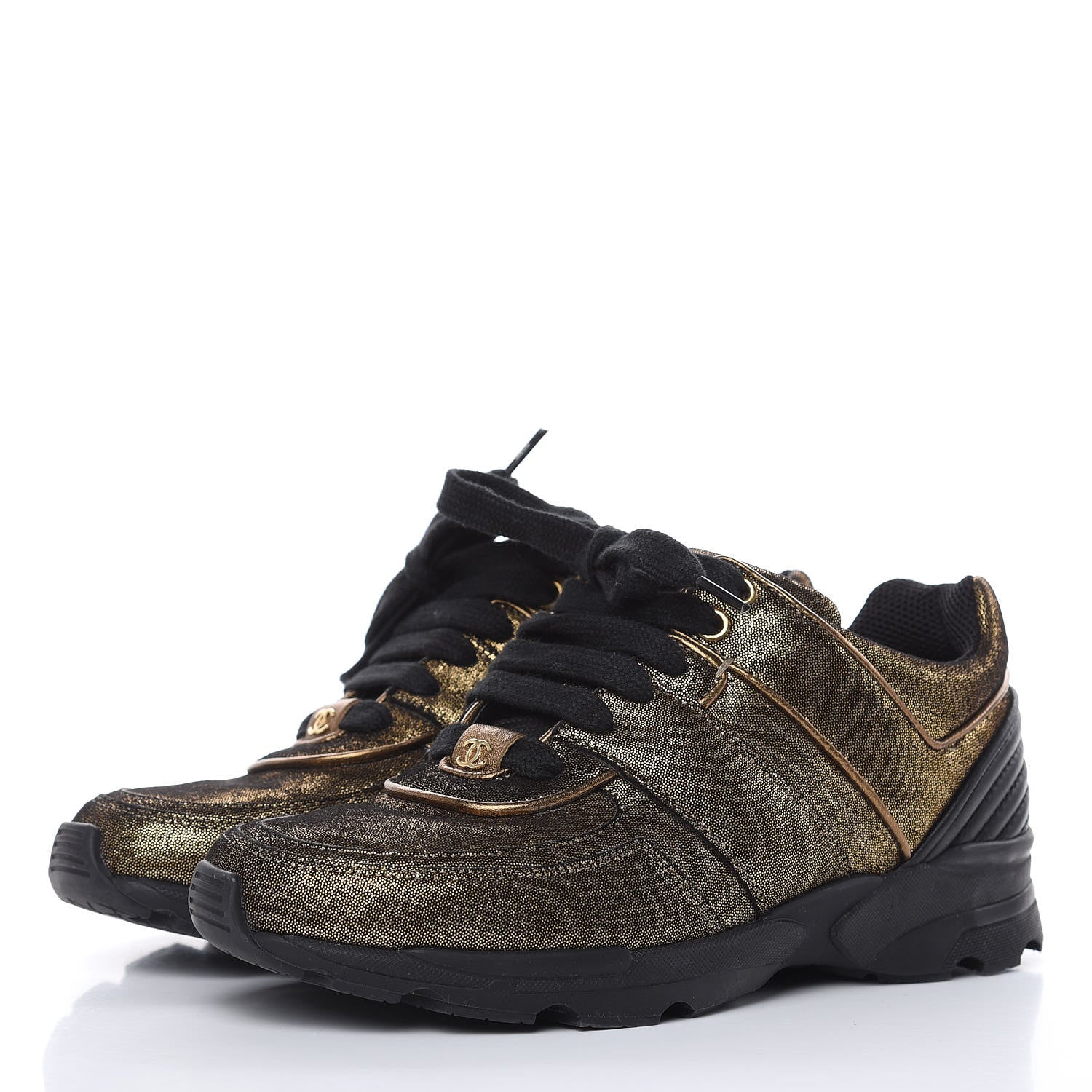 Chanel Metallic Fabric Calfskin Womens CC Sneakers 36.5 Golden Brown 3 of 9