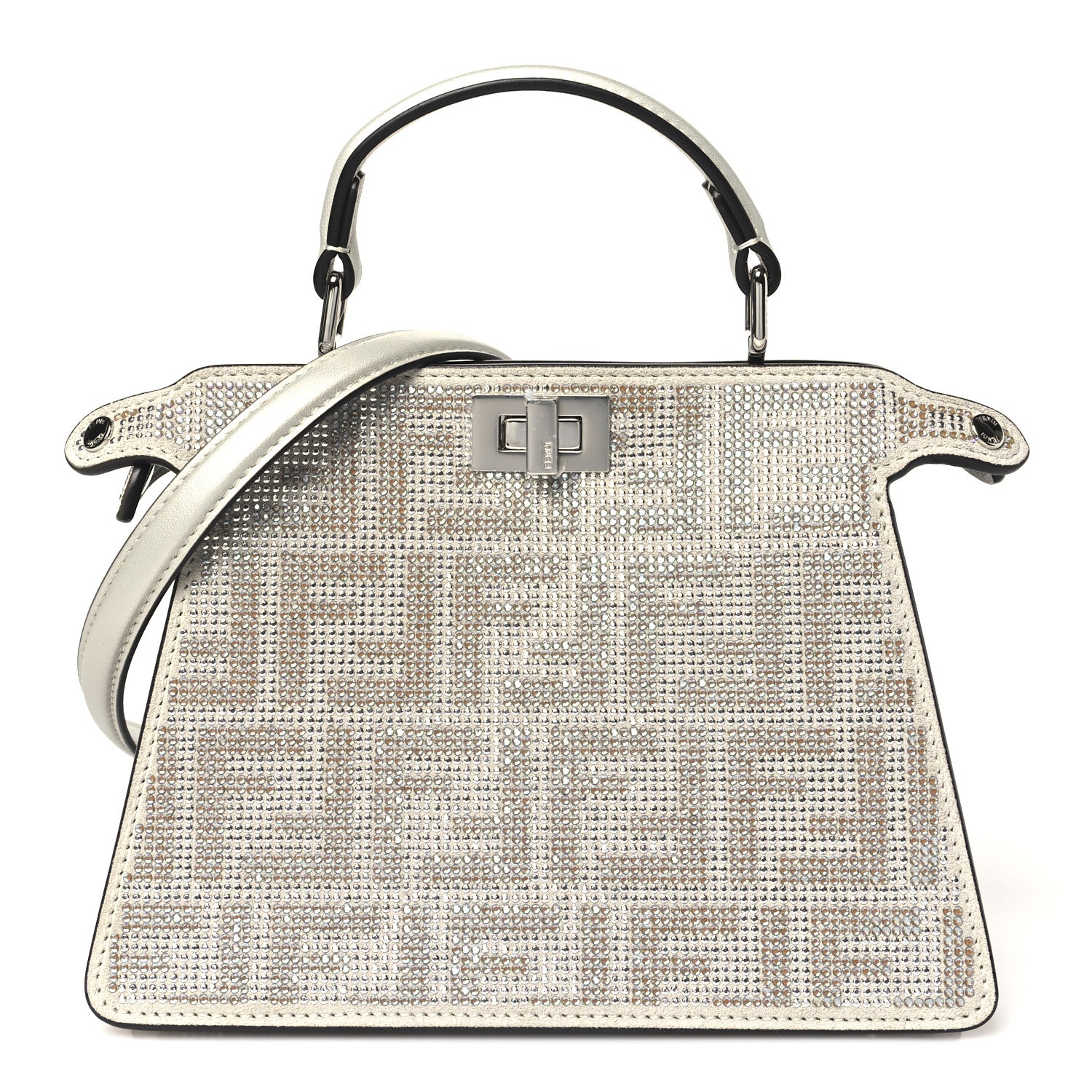 Fendi Iridescent Crystal Vitello Laminato Suede FF Petite Peekaboo I SEE U Satchel Cappuccino 1 of 11