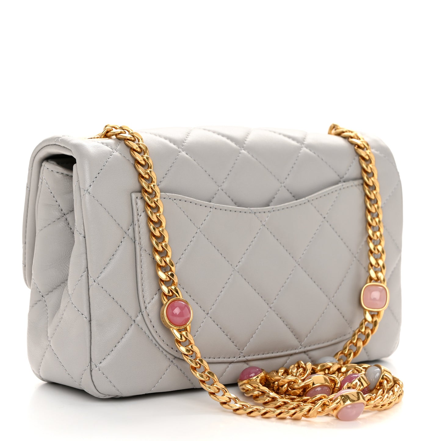 Lambskin Resin Pearl Quilted Small Flap Grey