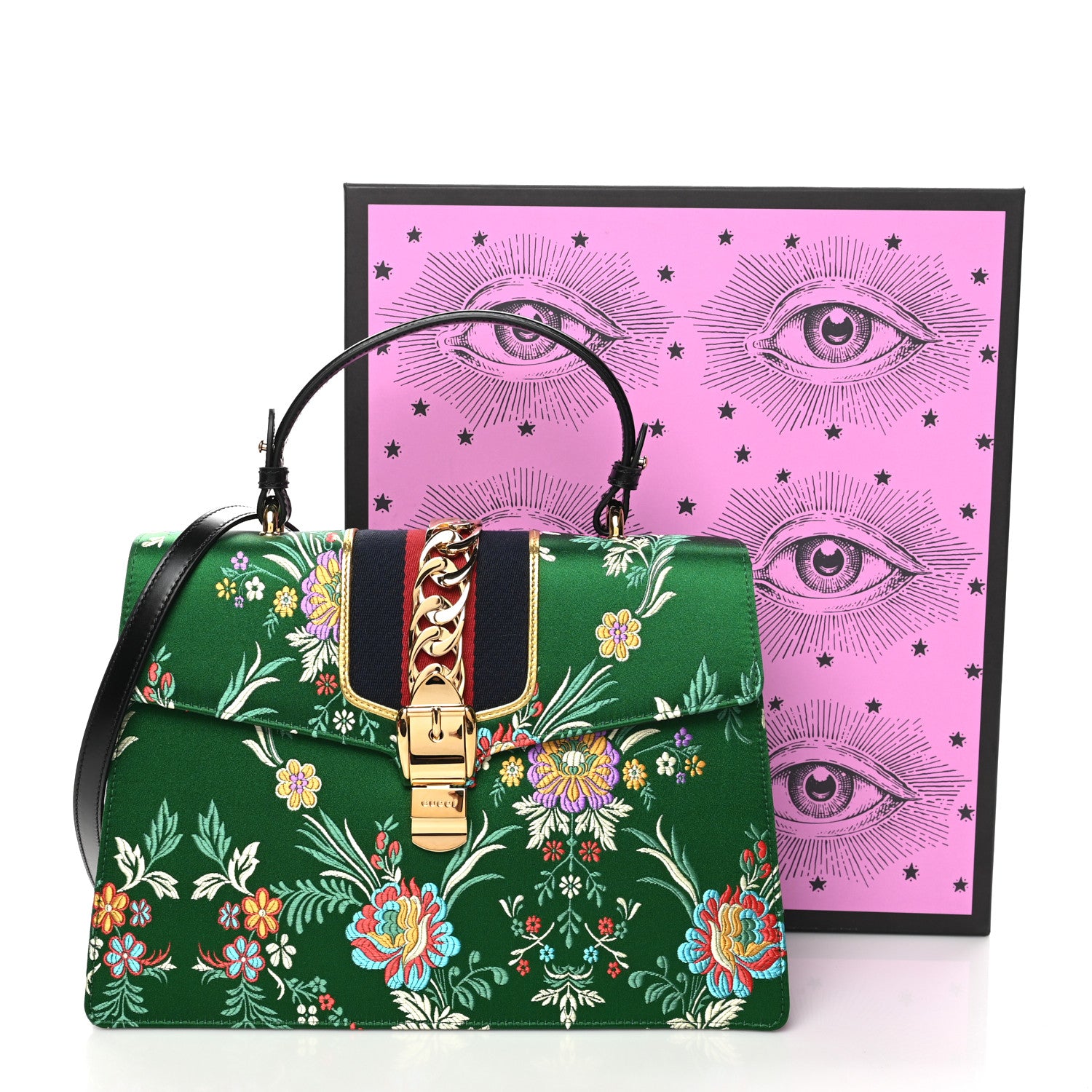 Gucci Jacquard Floral Medium Sylvie Top Handle Bag Green Multicolor Black 10 of 10