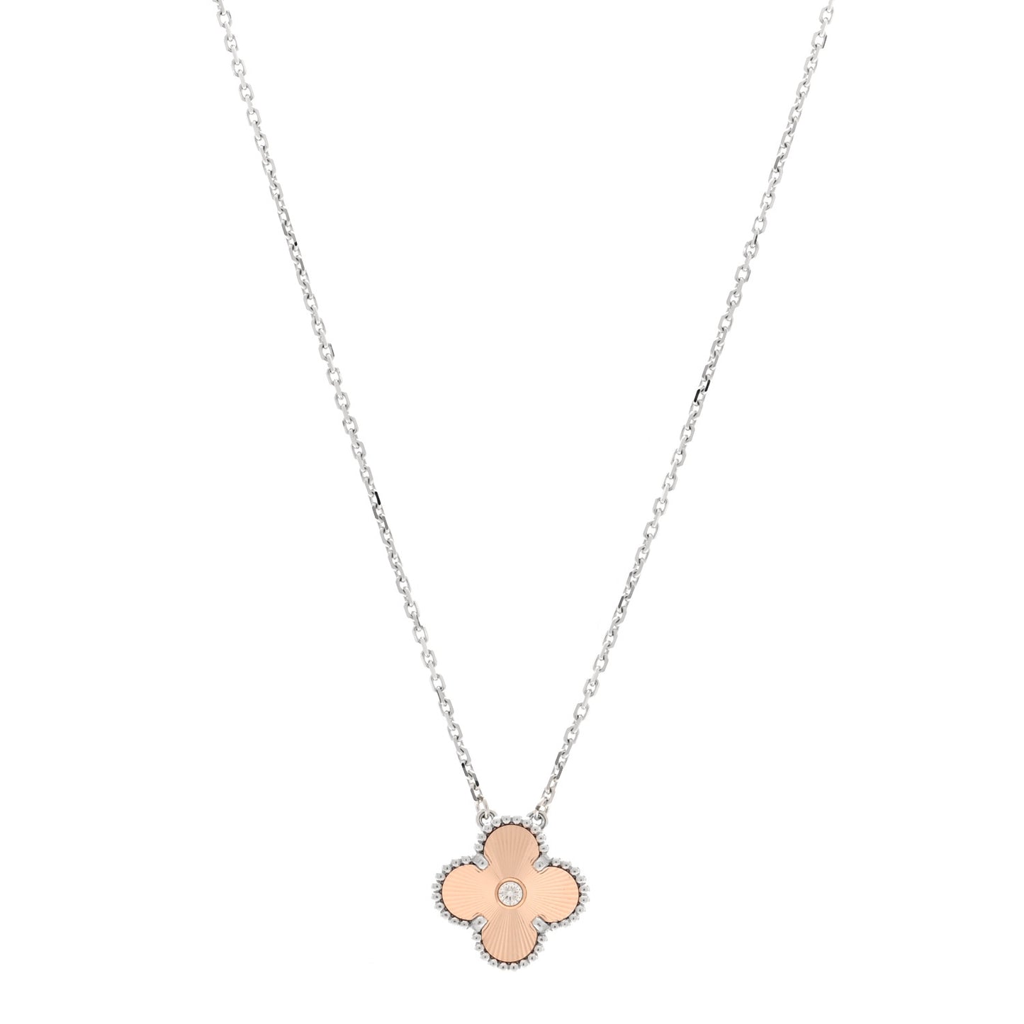 18K White Rose Gold Diamond Guilloche Vintage Alhambra Pendant Necklace