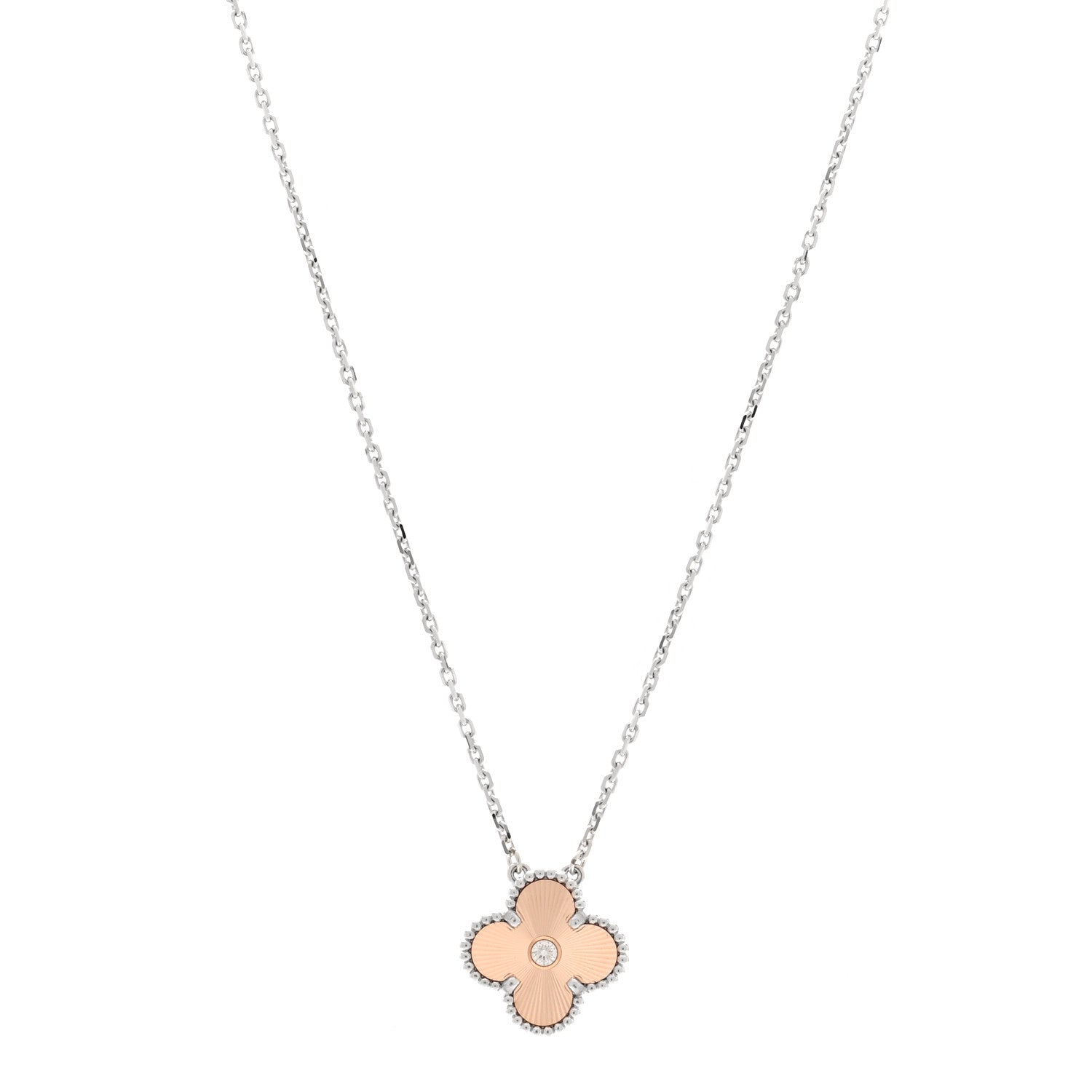 Van Cleef & Arpels 18K White Rose Gold Diamond Guilloche Vintage Alhambra Pendant Necklace 1 of 5