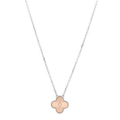 Van Cleef & Arpels 18K White Rose Gold Diamond Guilloche Vintage Alhambra Pendant Necklace 1 of 5