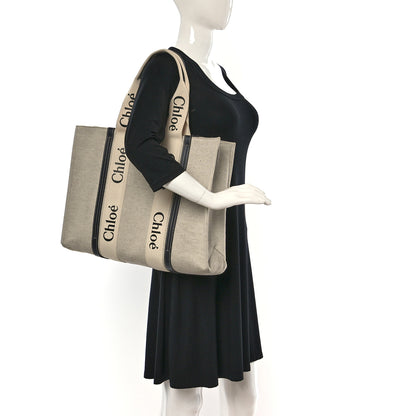 Chloe Cotton Calfskin Large Woody Ribbon Tote White Black 2 of 10