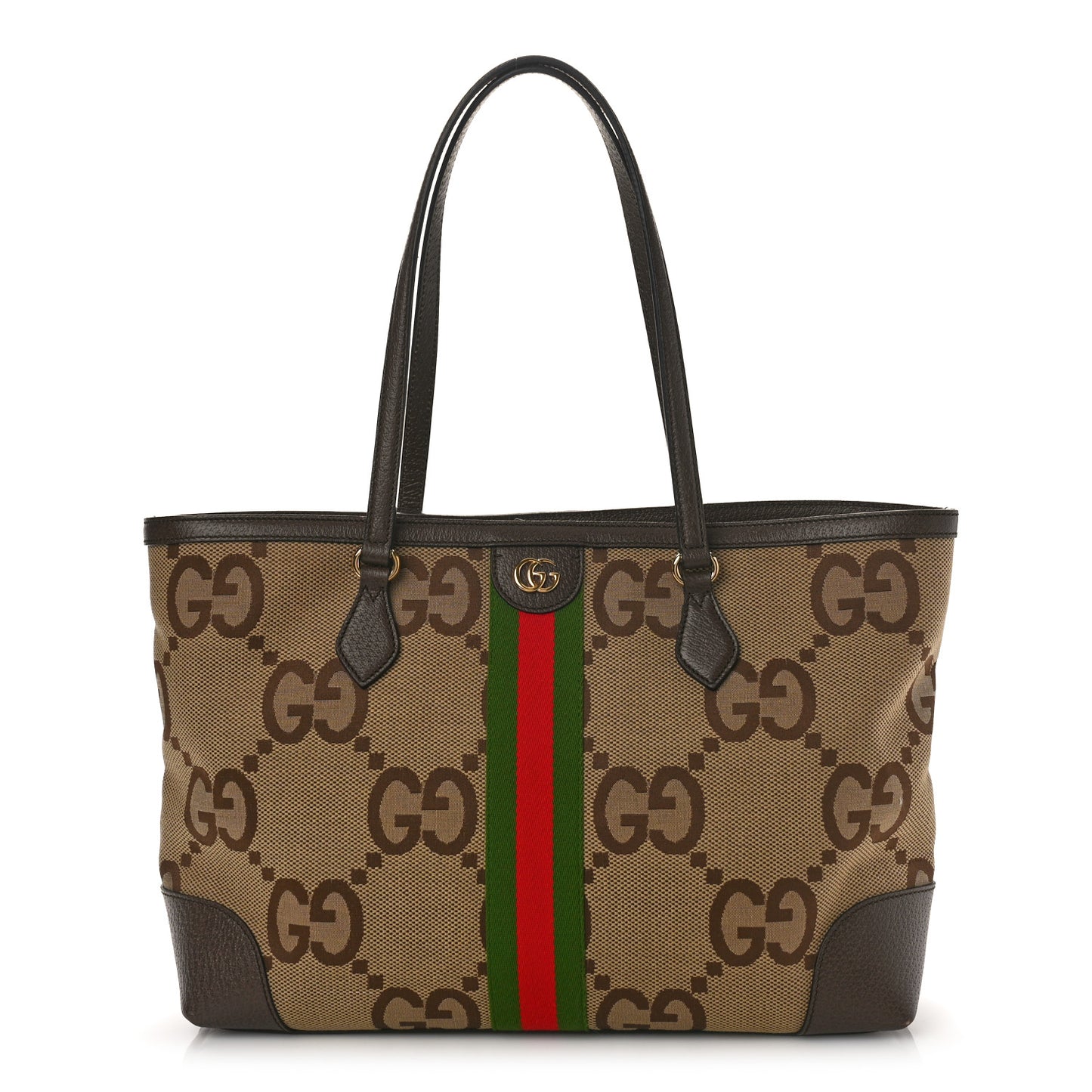 Monogram Jumbo GG Textured Dollar Calfskin Web Medium Ophidia Shopping Tote Camel Ebony