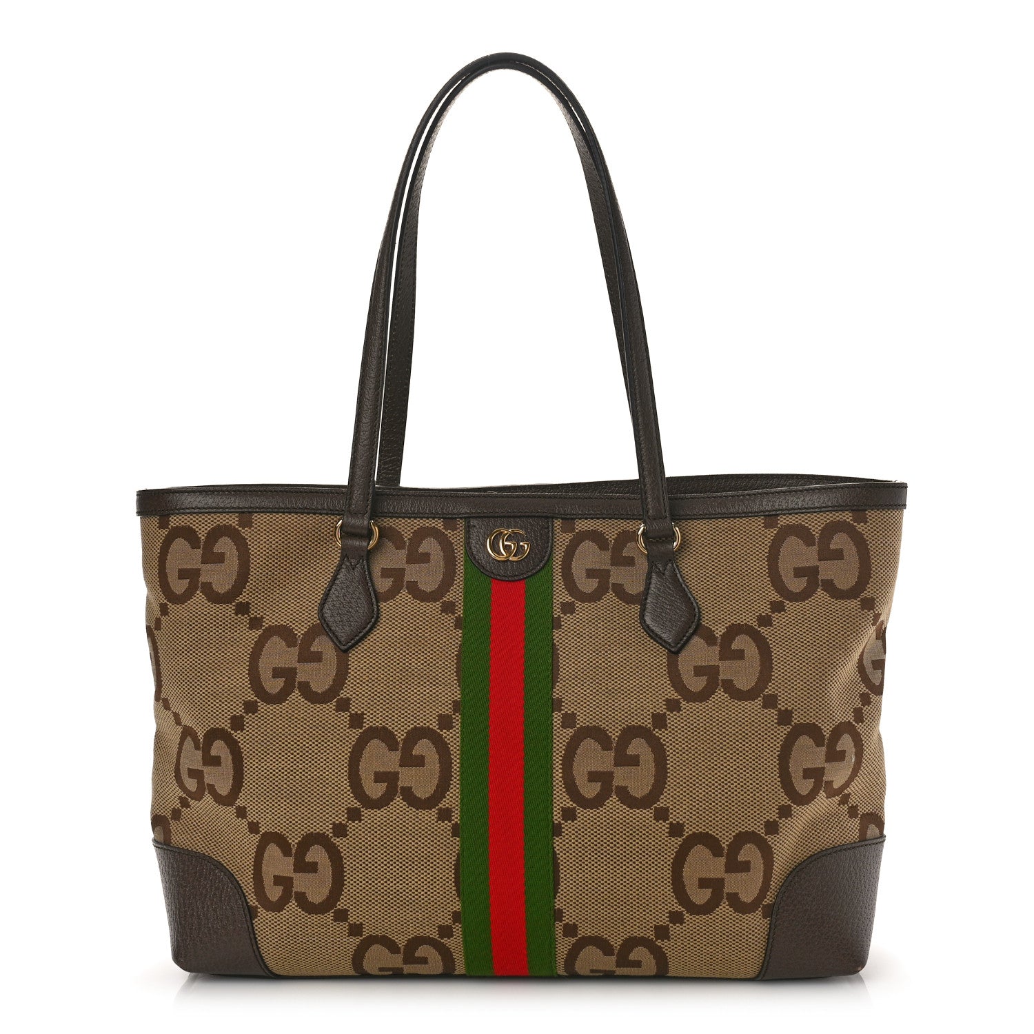Gucci Monogram Jumbo GG Textured Dollar Calfskin Web Medium Ophidia Shopping Tote Camel Ebony 1 of 8