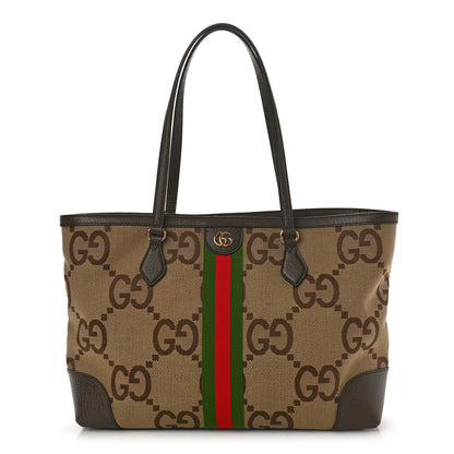 Gucci Monogram Jumbo GG Textured Dollar Calfskin Web Medium Ophidia Shopping Tote Camel Ebony 1 of 8