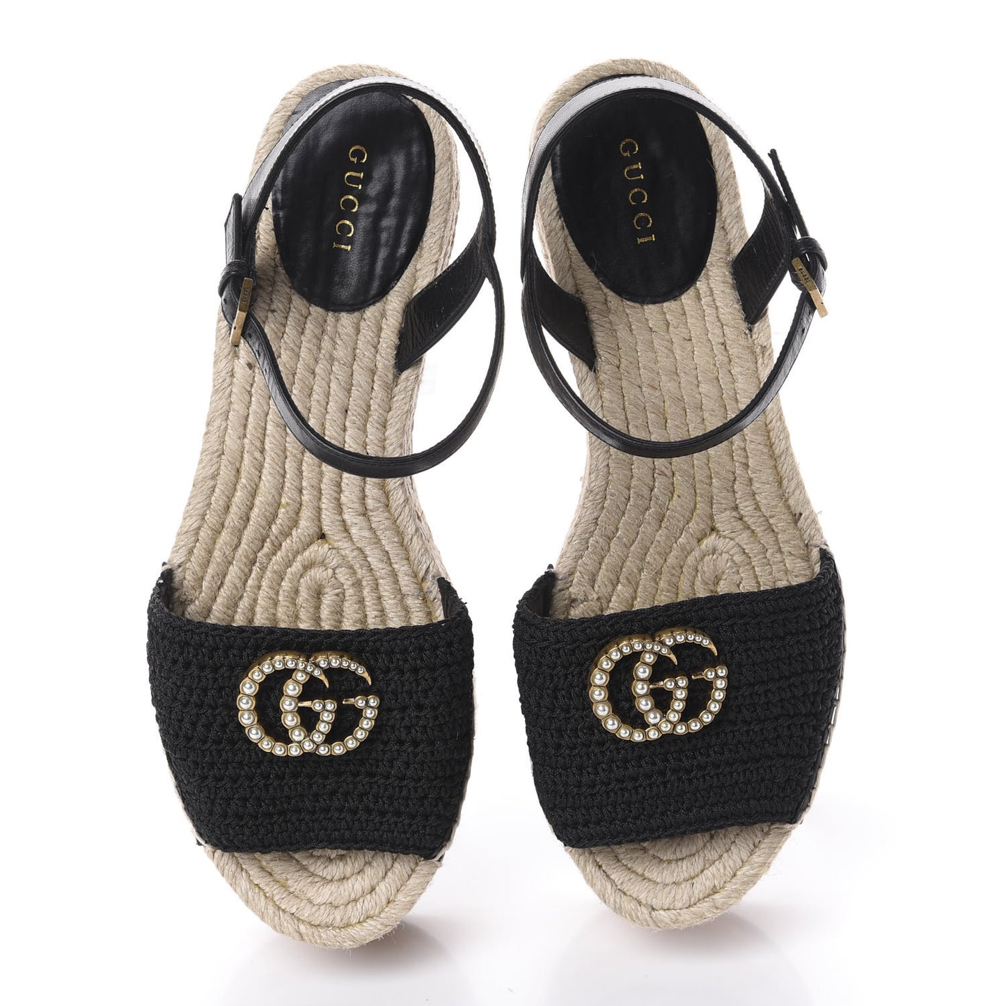 Cotton Malaga Kid Crochet Pearly GG Lilibeth Espadrille Platform Sandals 38 Black
