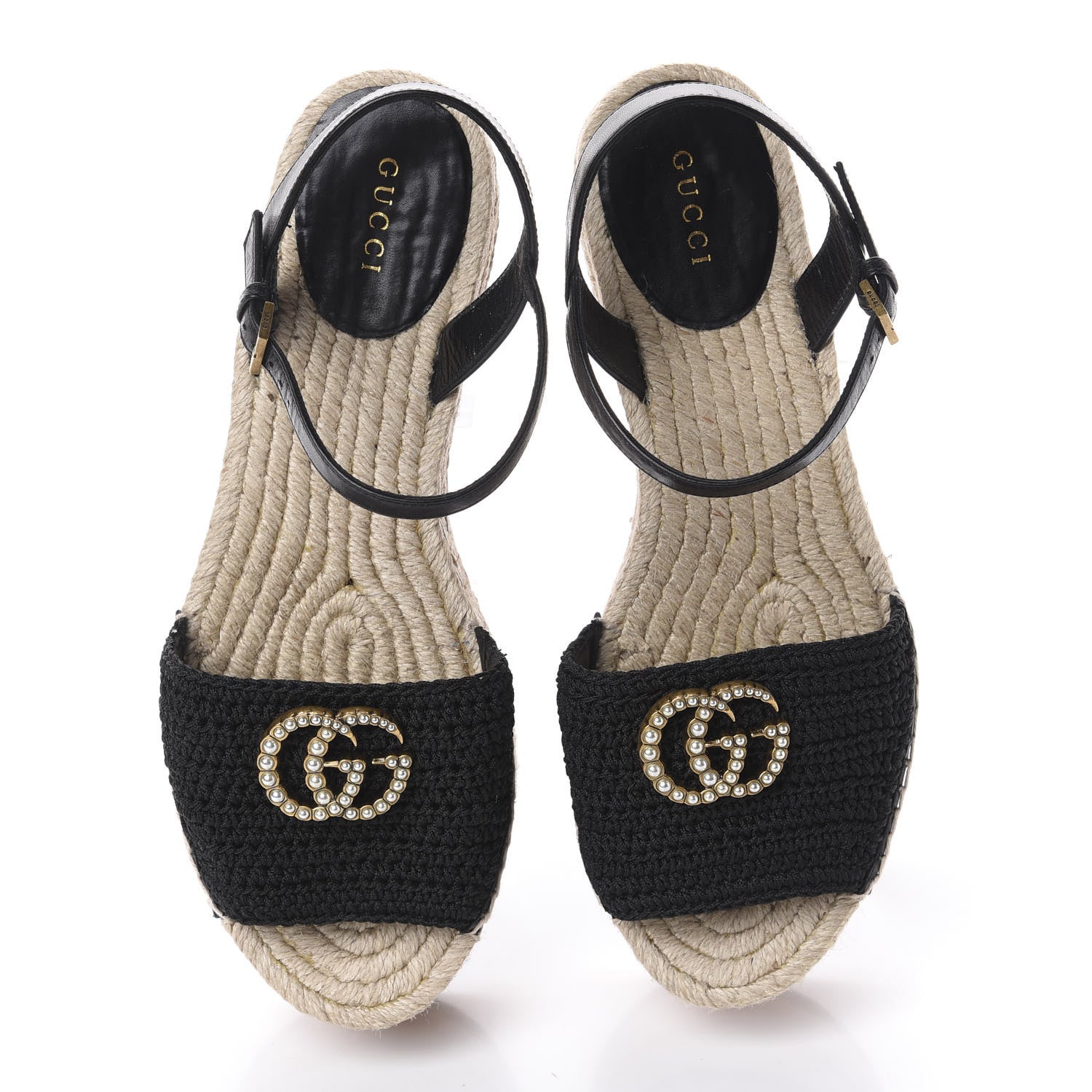 Gucci Cotton Malaga Kid Crochet Pearly GG Lilibeth Espadrille Platform Sandals 38 Black 5 of 14