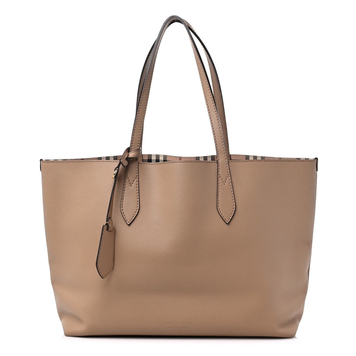Grainy Calfskin Haymarket Check Medium Reversible Tote Camel