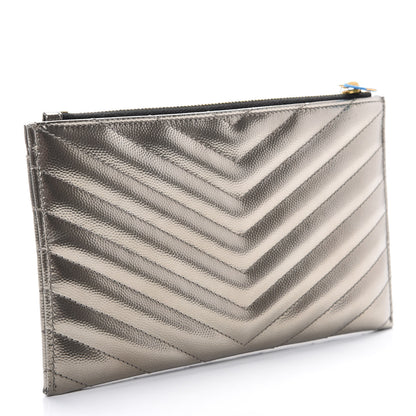 Saint Laurent Metallic Grain De Poudre Matelasse Chevron Monogram Bill Pouch Piombo 2 of 7
