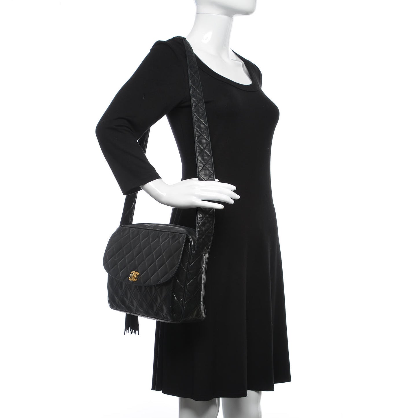 Lambskin Quilted Tassel Flap Camera Case Black
