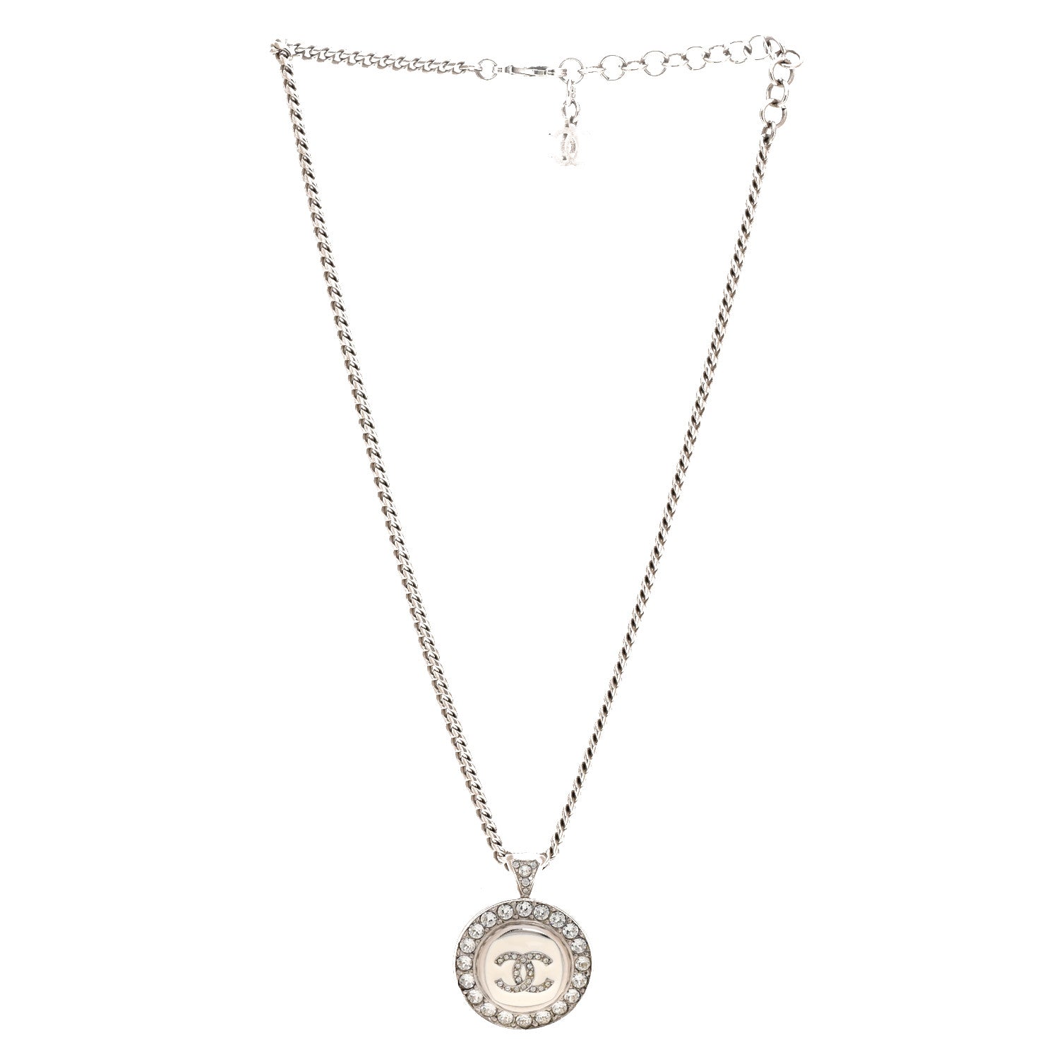 Chanel Crystal Enamel CC Pendant Necklace Silver White 1825815