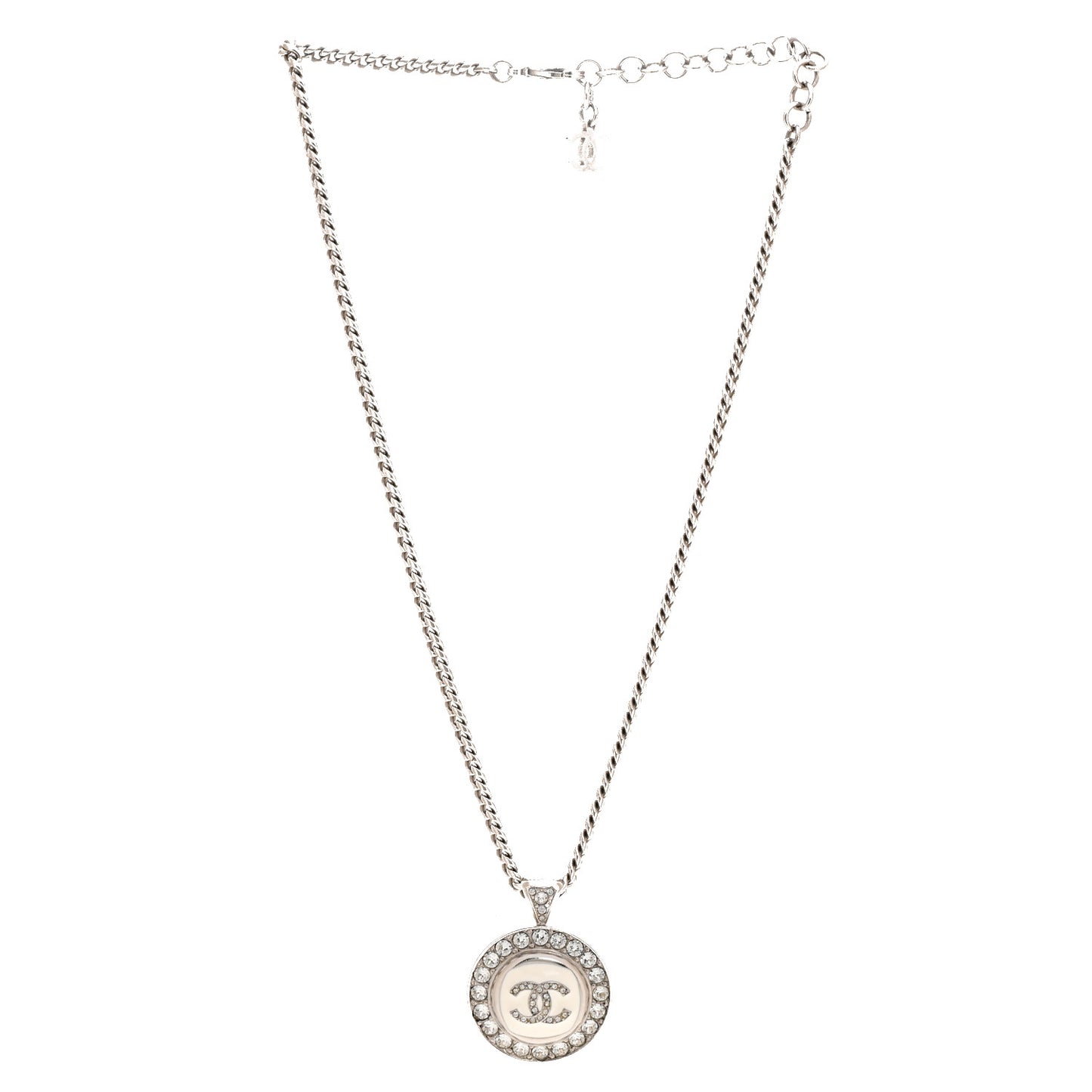 Crystal Enamel CC Pendant Necklace Silver White