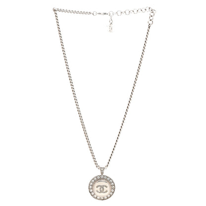 Chanel Crystal Enamel CC Pendant Necklace Silver White 3 of 6