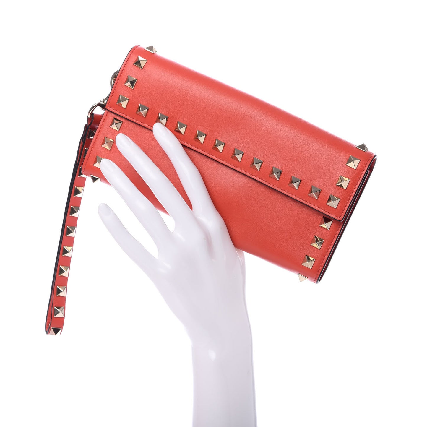 Calfskin Rockstud Wristlet Travel Wallet Deep Coral