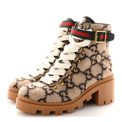 Gucci Covered Wool Big GG Monogram Womens Lace Up Combat Ankle Boots 36 Beige Ebony Cocoa 4 of 10
