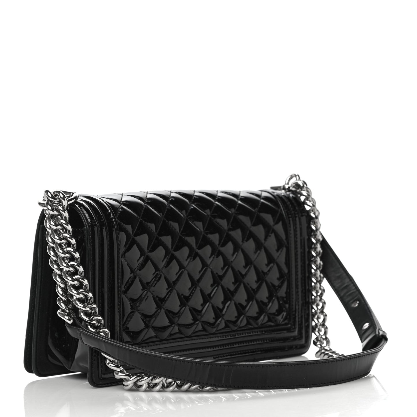 Patent Calfskin Quilted Medium Plexiglass Boy Flap Black
