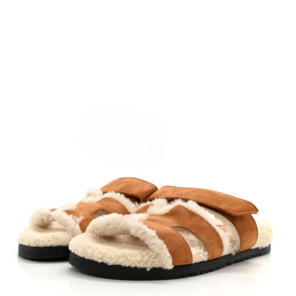 Hermes Suede Goatskin Woolskin Womens Chypre Sandals 37 Brun Fume Ecru 3 of 8