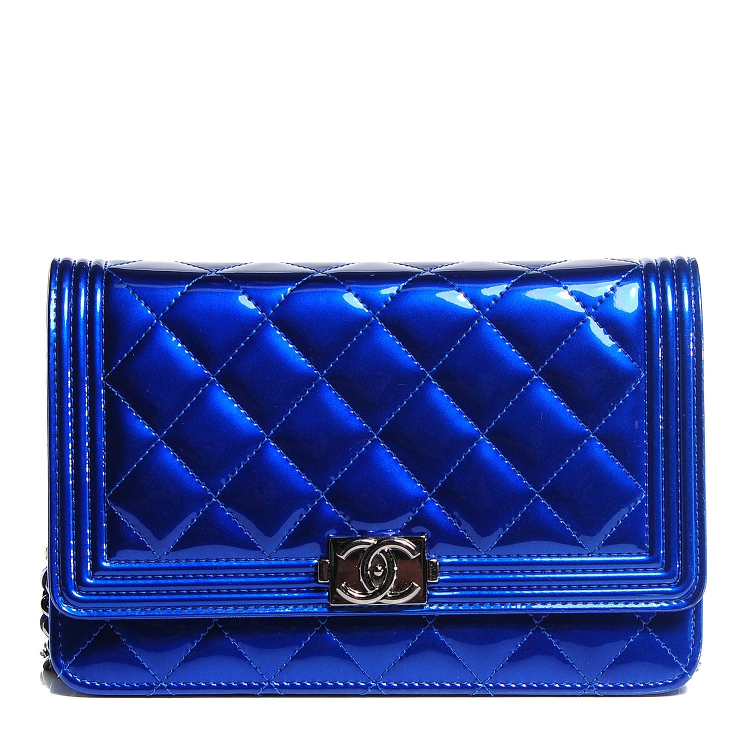 Chanel Patent Calfskin Quilted Boy Wallet On Chain WOC Blue 1 of 8