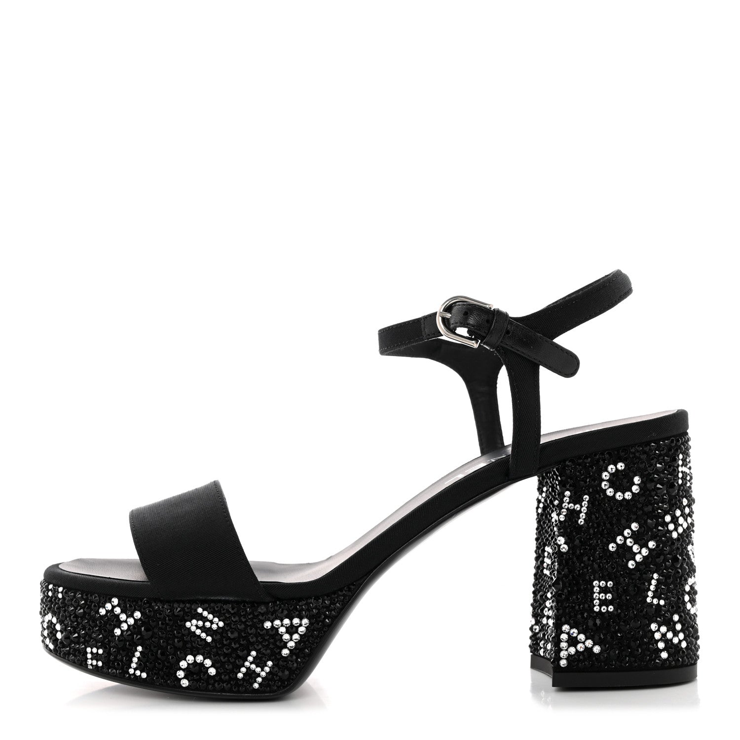 Chanel Grosgrain Strass Logo Platform Sandals 39 Black Silver 1 of 11