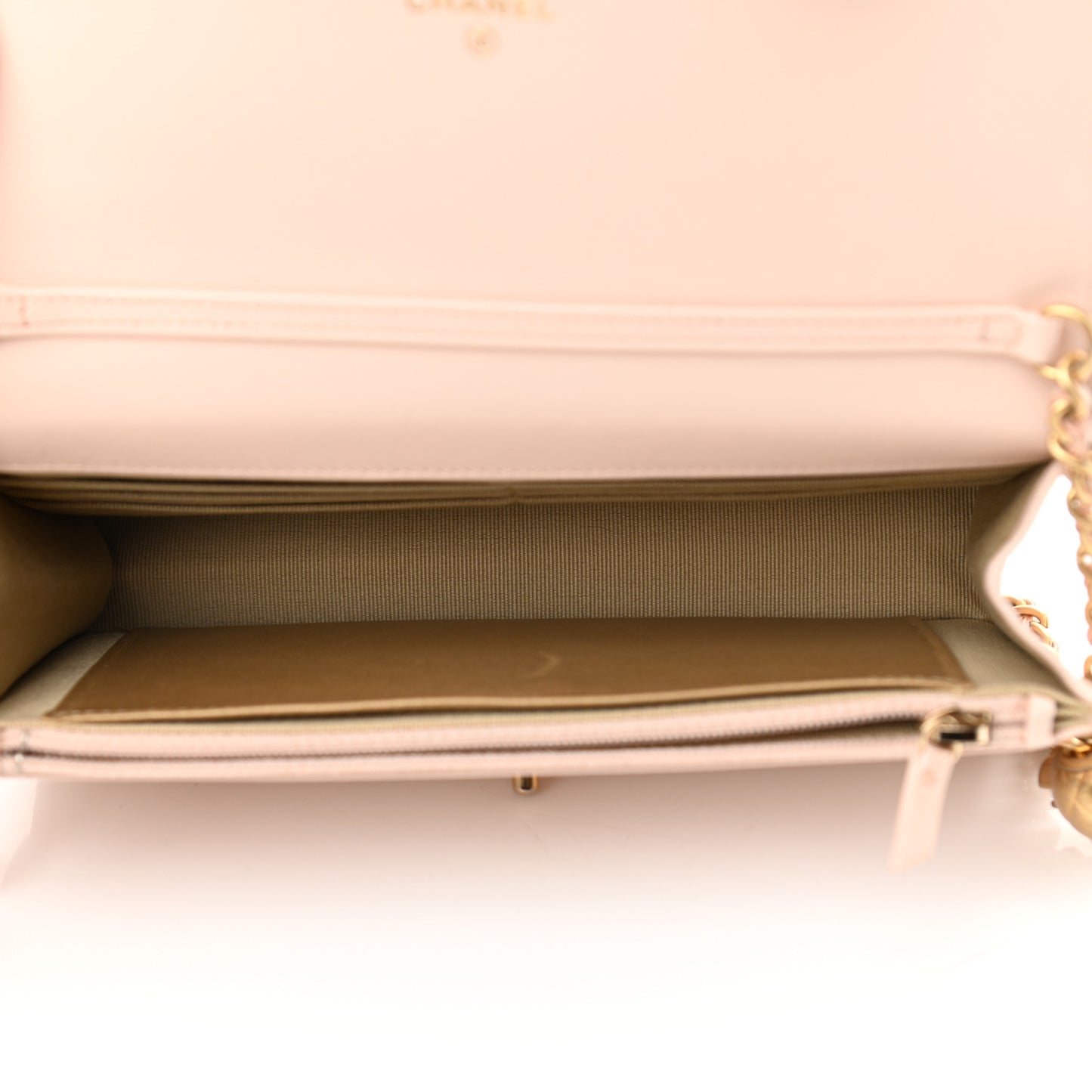 Lambskin Quilted CC Pearl Crush Wallet on Chain WOC Light Beige