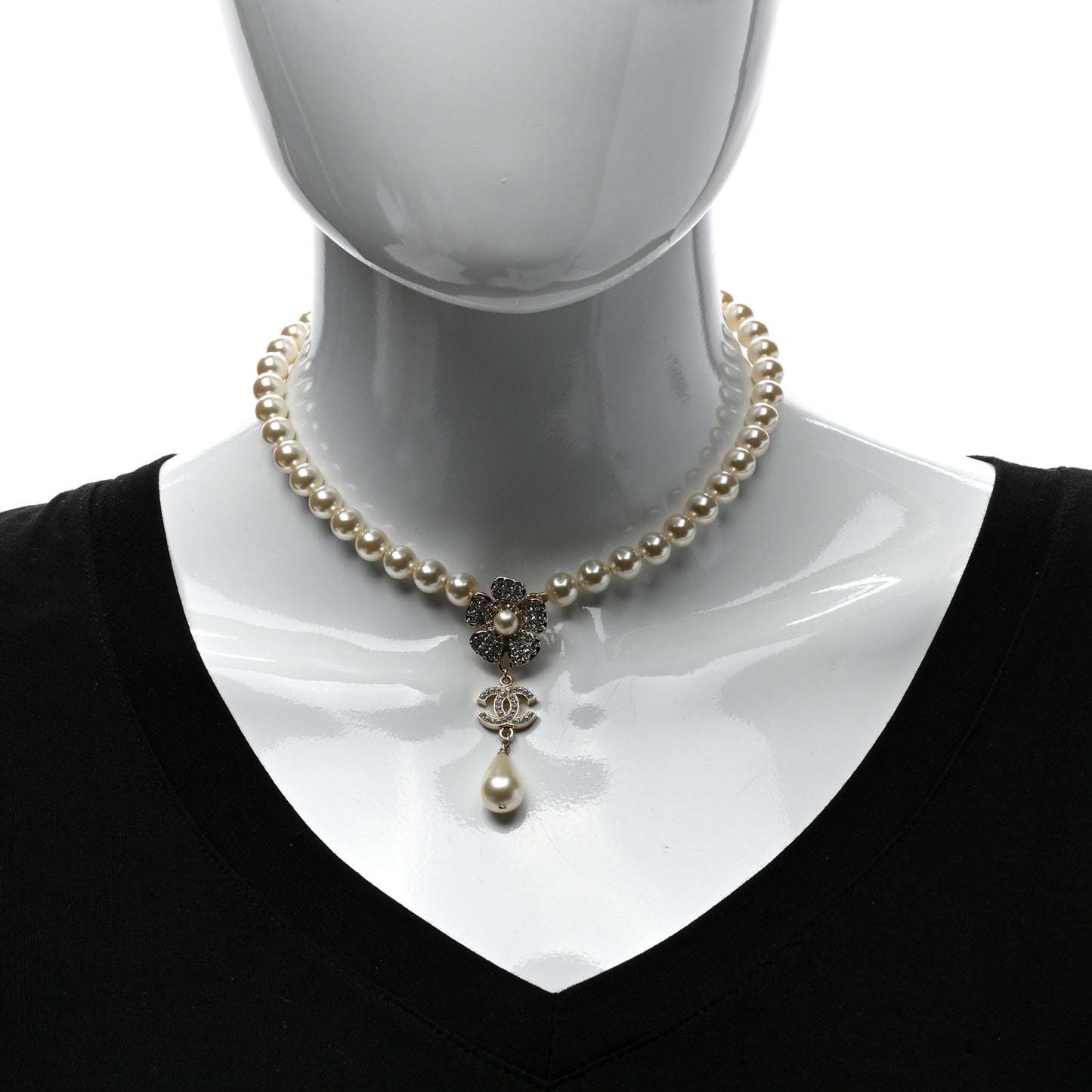 Pearl Crystal CC Camellia Choker Necklace Gold