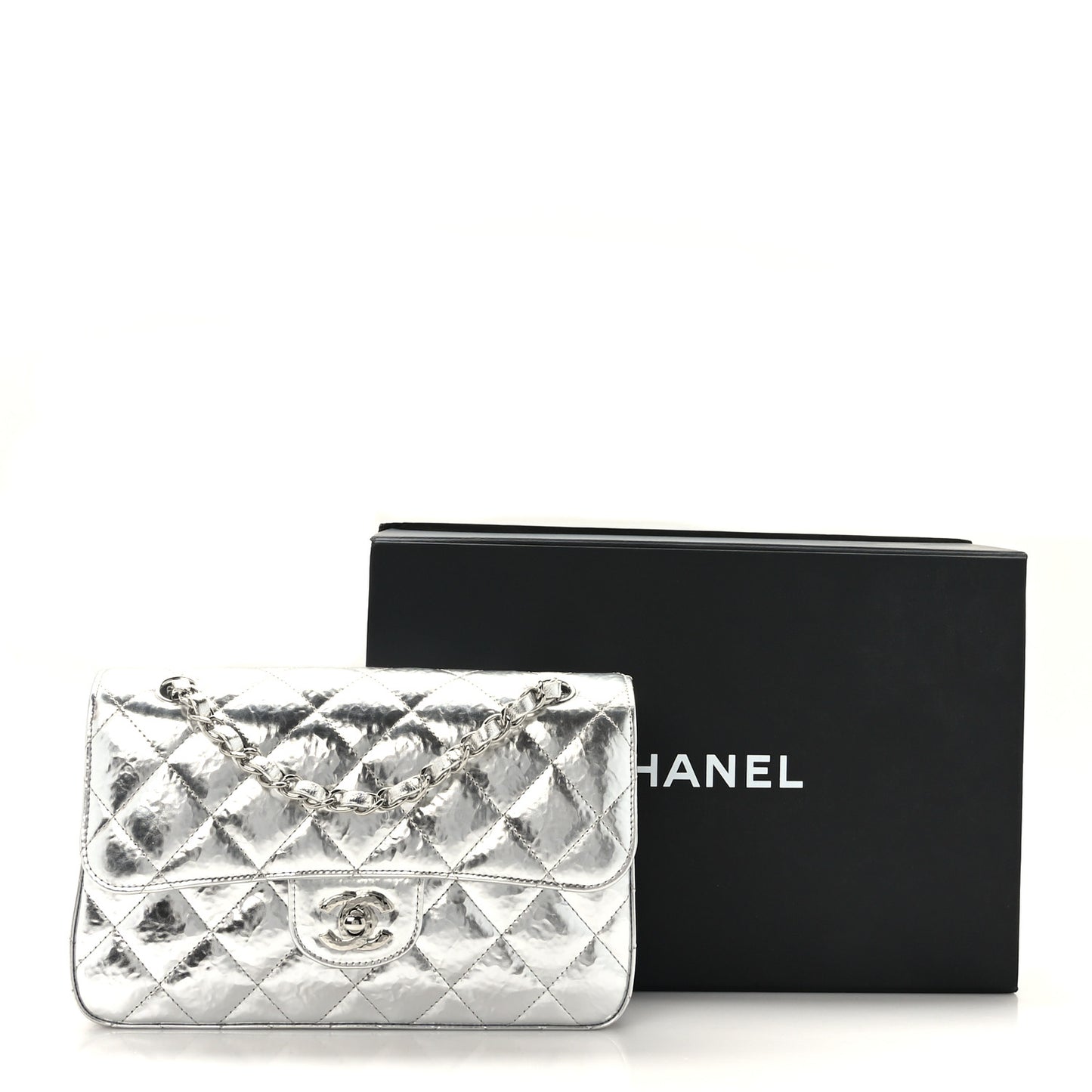 Hammered Metallic Calfskin Quilted Small Double Flap Silver