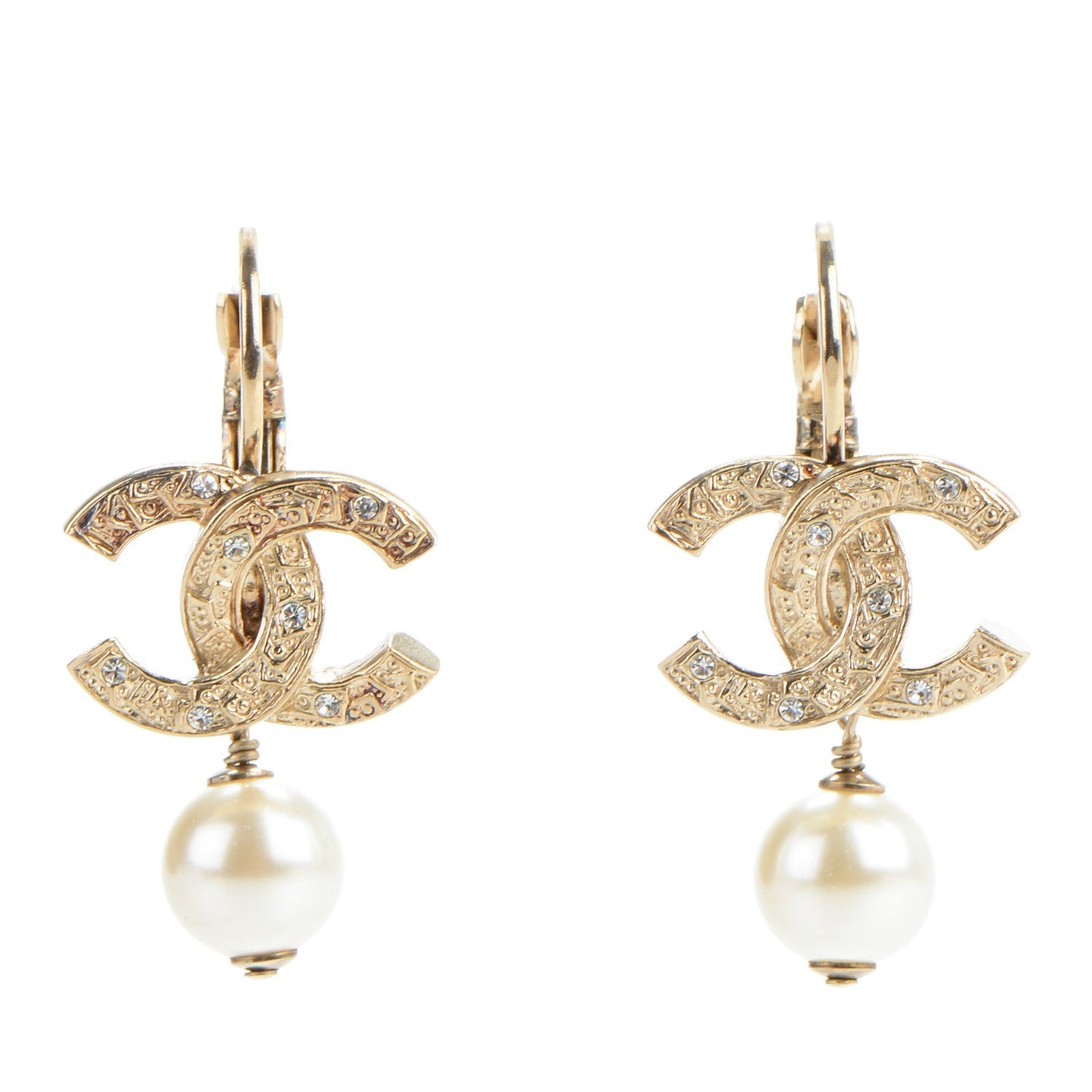 Pearl Crystal CC Drop Earrings Gold
