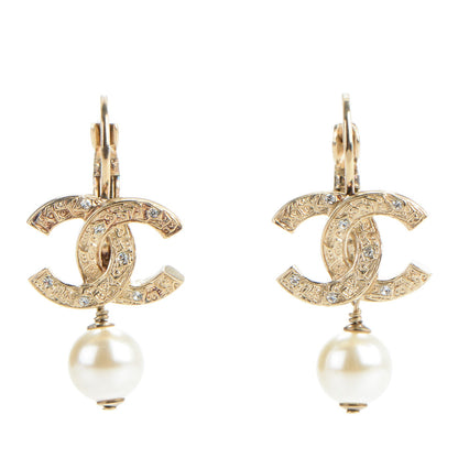 Chanel Pearl Crystal CC Drop Earrings Gold 1 of 5
