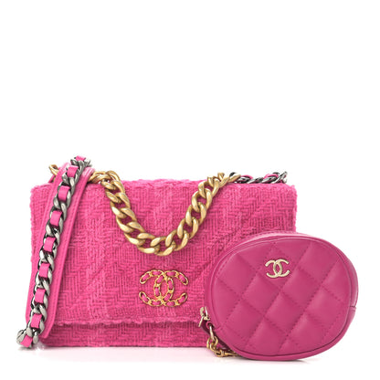 Chanel Wool Tweed Lambskin Quilted Chanel 19 Wallet On Chain WOC and Coin Purse Fuchsia 1 of 13